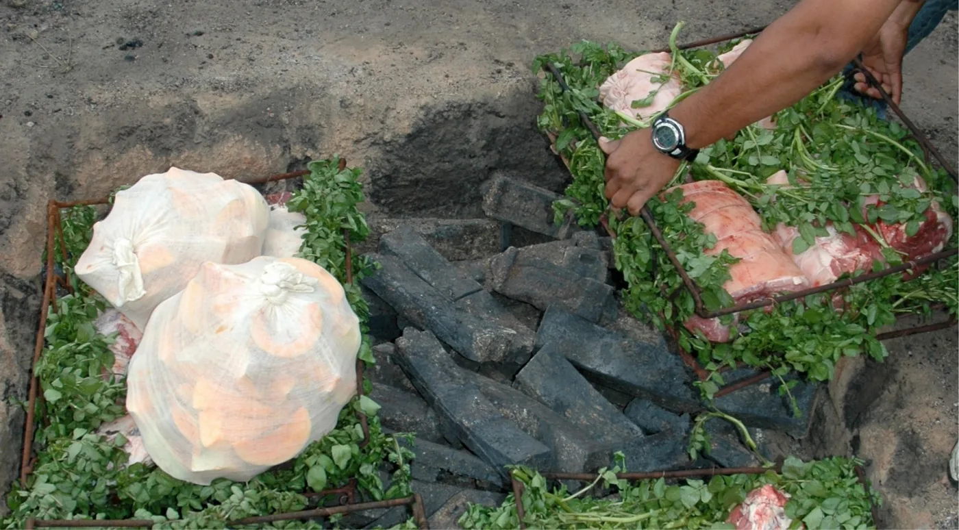 Hands lowering wire baskets of meat and watercress onto hot stones in an earth oven pit